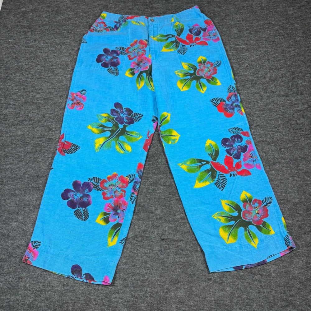 Chico's‎ Design Floral Print Linen Blend Wide Leg Pants Women's Size 2